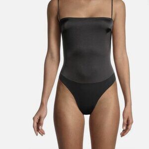 WeWoreWhat Strappy Satin Chiffon Bodysuit in Black (size M)